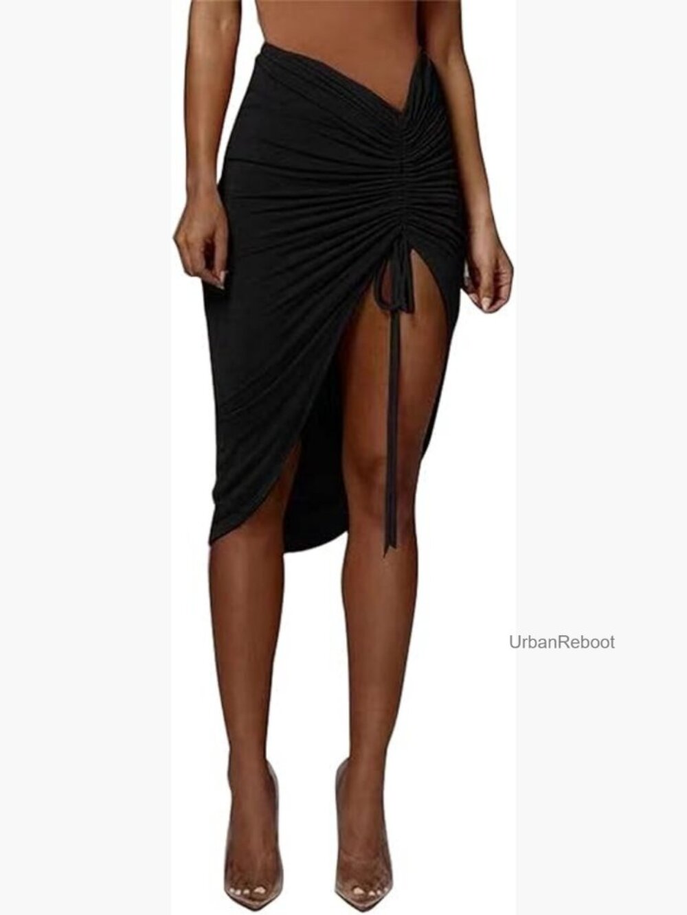 High Waist Twist Front Drawstring Midi Skirt with Thigh Slit Bodycon